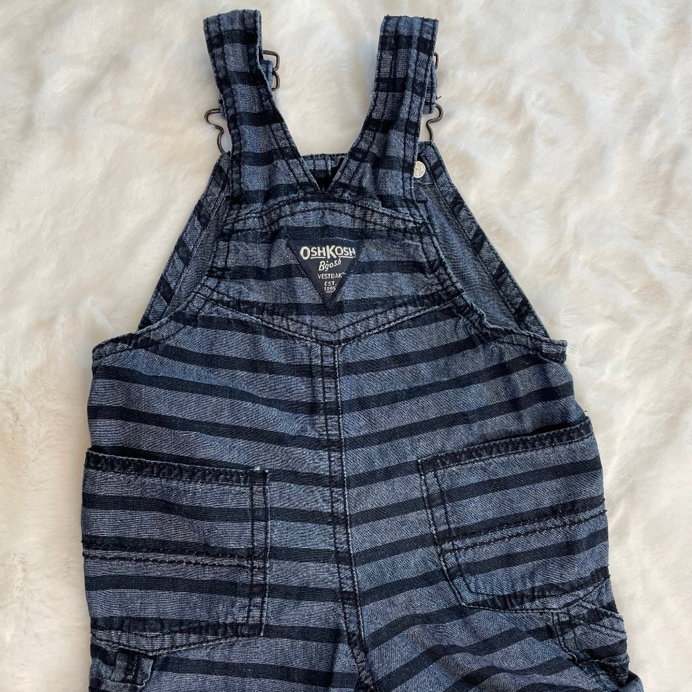 OshKosh B'gosh Striped Shortalls 9M Denim with Blue Horizontal Stripes - Picture 3 of 14